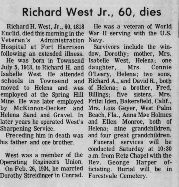 Obituary for Richard H. West (Aged 60)